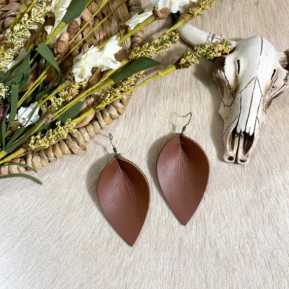 Leather Earrings Pinched Leaf Brown Neutral Dangle Everyday Western Earrings Etsy