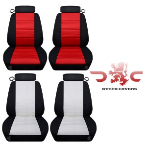 May include: Four car seat covers, two with red centre panels and two with white centre panels, all with black sides and headrests. The "Dutch Covers" logo is displayed in red.