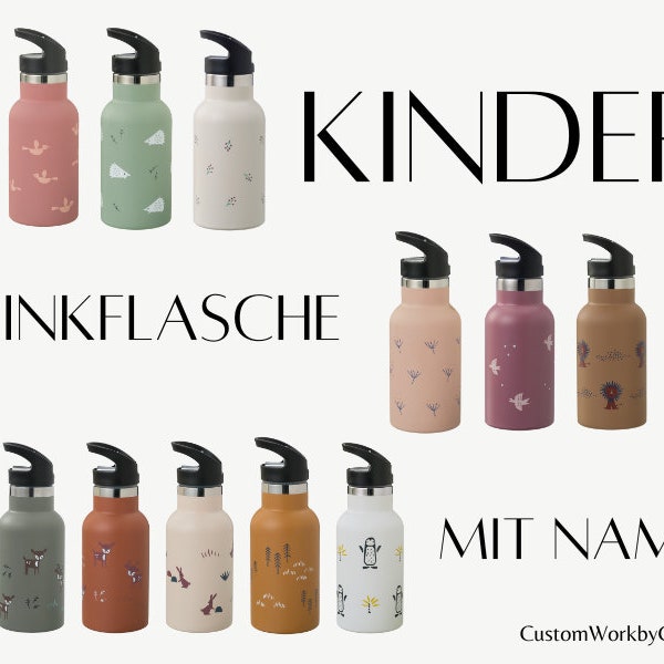 Kinder Trinkflasche aus Edelstahl mit Namen personalisiert / graviert -  ein tolles Geschenk zu Weihnachten, Geburtstag, Kita-Start