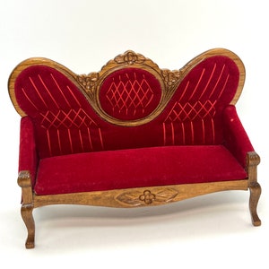 1:12 Vintage Victorian Dollhouse Miniature Living Room Furniture~Red Velvet Living Room Furniture~Settee~Wooden~Free Shipping USA