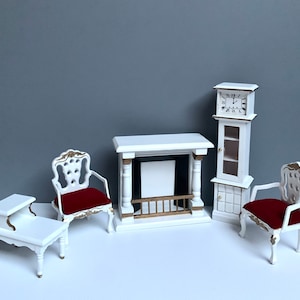 1:12 Vintage Dollhouse Miniature Furniture Wooden Red Velvet Living Room Set~White~Hand Painted~Hand Carved~Hand Crafted~Red Velvet Armchair