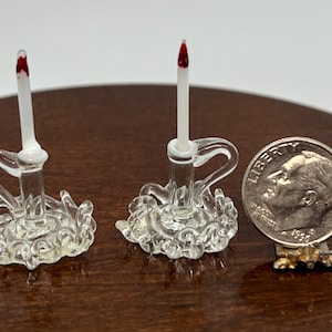 1:12 Vintage Artisan Blown Art Glass Candlesticks~Clear Glass~Set Of Two~Free Shipping USA
