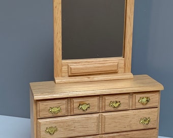 Dollhouse Miniature Classic Bedroom Dresser with Wall Mirror in Oak ~ T4495 