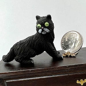 1:12 Black Sitting Cat~Dollhouse Miniature Pet~1” Tall~Halloween Black Miniature Cat~Rhinestone Eyes~Free Shipping USA
