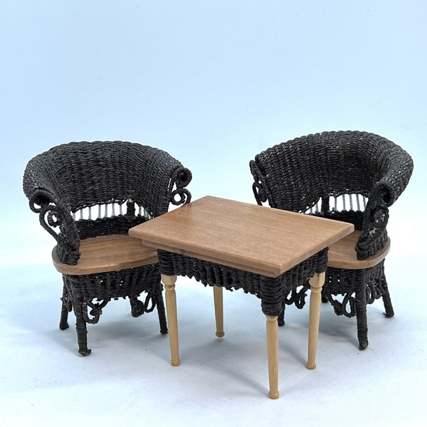 1:12 Vintage Artisan Wicker Patio Furniture~Outdoor~Armchairs And Table Set~Dollhouse Miniature~Set Of Two~Free Shipping USA