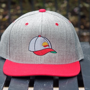 Hat on a Hat on a Hat Baseball Cap Gray. Funny hilarious gift dad hat. Heather Gray/Red