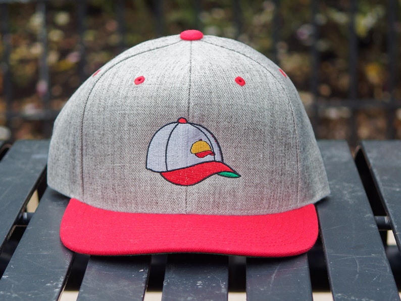 Hat on a Hat on a Hat Baseball Cap Gray. Funny hilarious gift dad hat. Heather Gray/Red