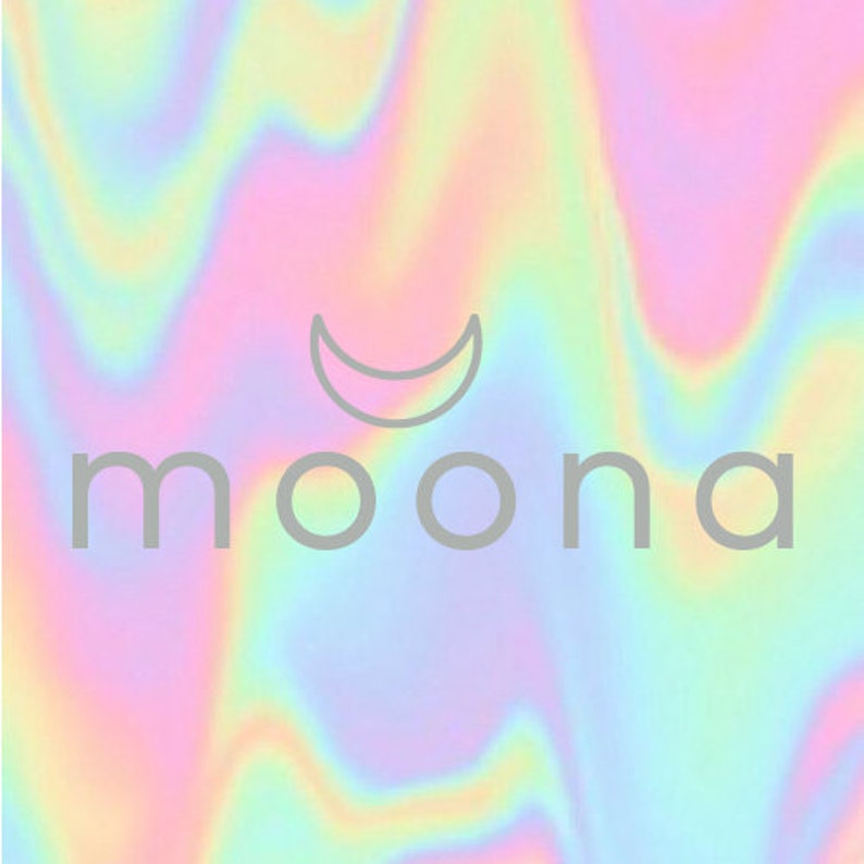 May include: A holographic background with a white crescent moon and the word "moona" in white text.