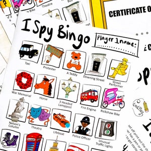 Jeu I Spy Bingo London - enfants/touristes/chasse au trésor. Explorez Big Ben, Trafalgar Square et Southbank. Promenade guidée. Téléchargement PDF.