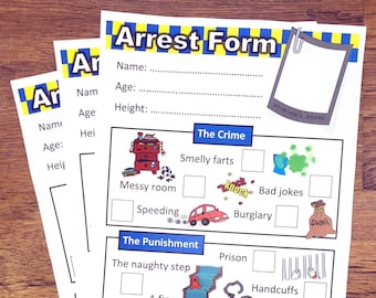 Police Arrest Form for kids playing cops and robbers. PDF instant download to print at home for children’s role play games and holiday fun.