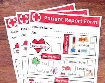 Doctors and Nurses pretend play Patient Report Form for imaginative kids. Printout PDF download for instant fun for children.