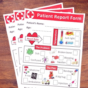 Doctors and Nurses pretend play Patient Report Form for imaginative kids. Printout PDF download for instant fun for children.