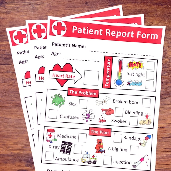 Doctors and Nurses pretend play Patient Report Form for imaginative kids. Printout PDF download for instant fun for children.