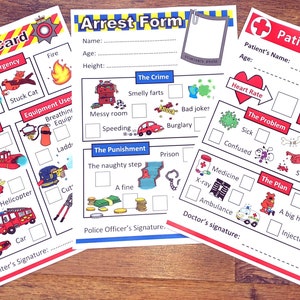 Emergency Services set of fun printable forms for kids play, includes fire, ambulance and police.  Instant PDF download.