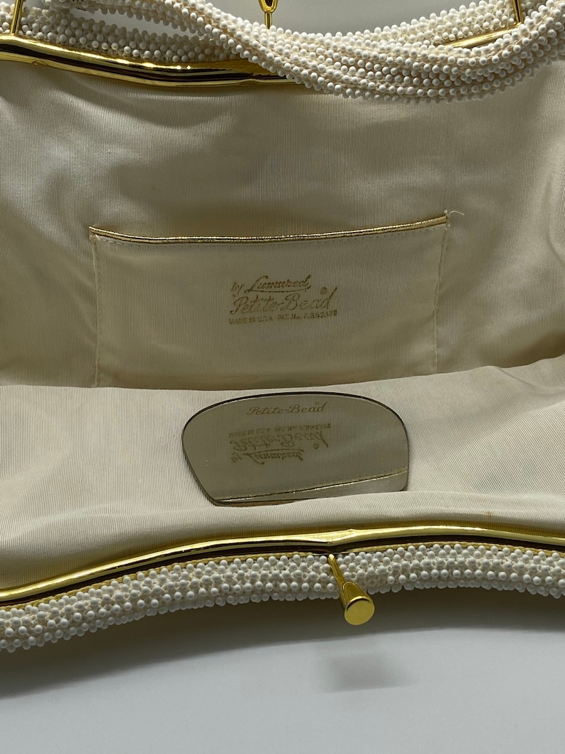 Vintage Lumured Petite-Bead 1960 Handbag With Beading And Roses Original Mirror Inside Pocket Made In USA