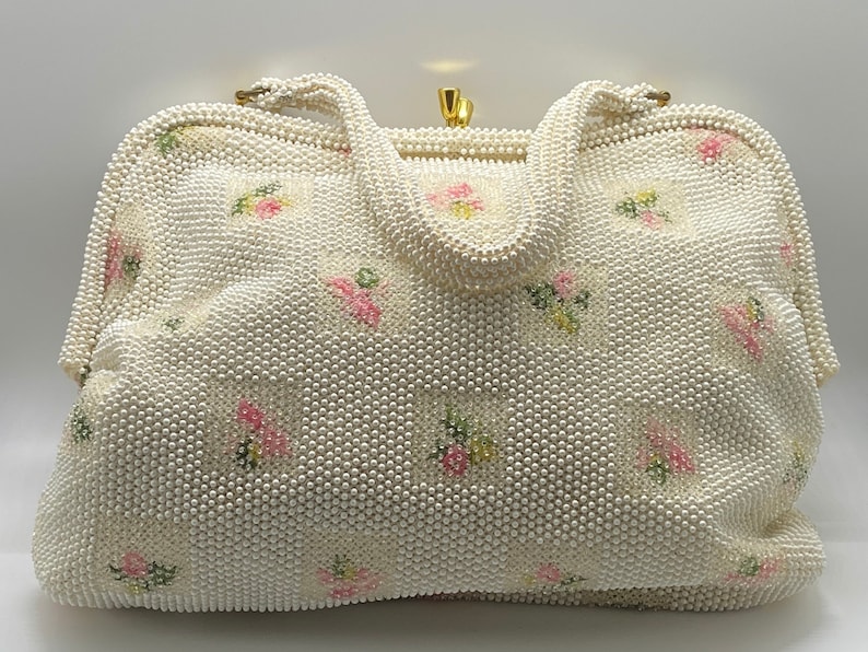 Vintage Lumured Petite-Bead 1960 Handbag With Beading And Roses Original Mirror Inside Pocket Made In USA
