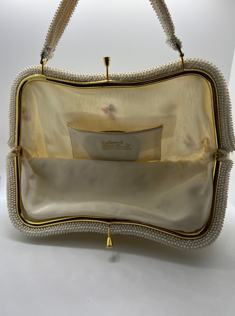 Vintage Lumured Petite-Bead 1960 Handbag With Beading And Roses Original Mirror Inside Pocket Made In USA