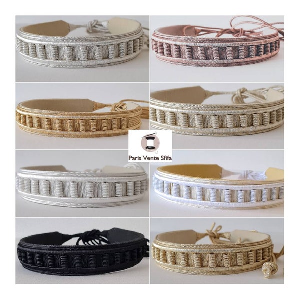 Ceinture artisanale doré clair , argenté, bronze rosé en cuir et soie pour caftan