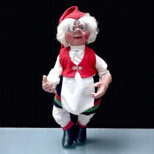 Vintage Norwegian Folk Doll – Hand Made in Norway – Large Scandinavian Nisse Gnome – Red Felt Costume – 1960s Norway Decor