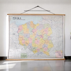 Carte scolaire administrative de la Pologne, vintage 1979 | Grande carte murale éducative | PPWK Pologne | Tableau pédagogique en toile de lin