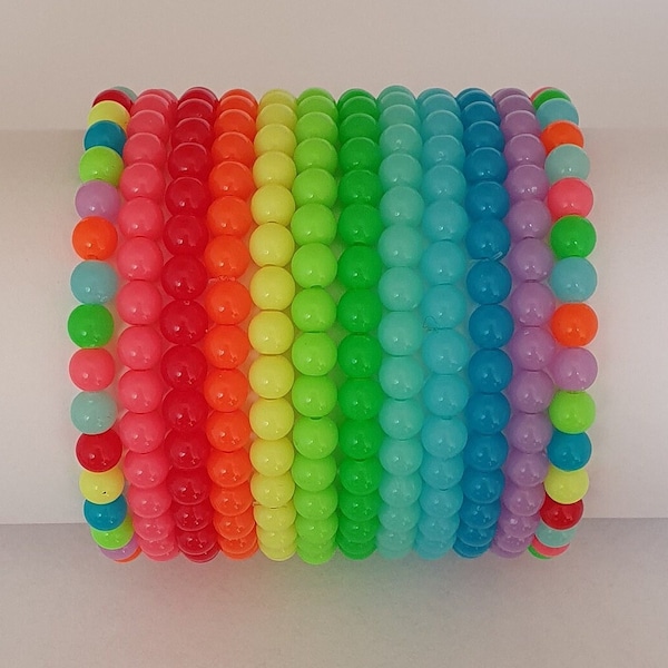 Neon Fluorescent Matte Acrylic Bead Bracelet – 11 Bright Colours / 4 Sizes - Yellow Green Blue Pink Purple Red Orange Rainbow