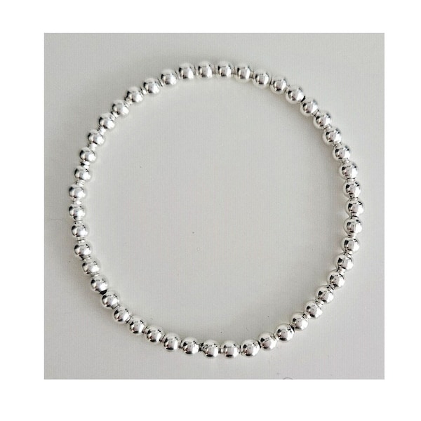 Silver Plated Ball Bead Bracelet - Elastic Stretch Stacker – 4mm Beads - 5 Sizes