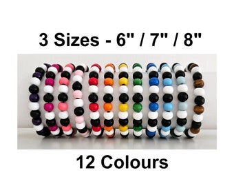Mens / Womens Wooden Bead Bracelet - Elastic Stack - 12 Colours - 3 Sizes - 8mm Beads - Blue Pink Red Yellow Green Black Brown White Orange