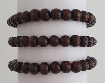 Mens / Womens Wooden Bead Elastic Stack Bracelet - Dark Brown - 3 Sizes - 8mm Beads - NEW