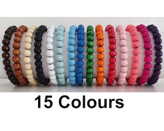 Mens / Womens Wooden Bead Elastic Stack Bracelet - 15 Colours - 3 Sizes - 8mm Beads - Blue Pink Red Purple Green Black Brown White Orange