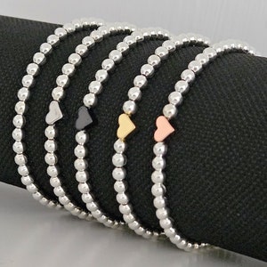 Engraved Heart Charm Stretch Bead Bracelet