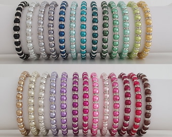 Pretty Glass Pearl & Diamante Rondelle Bead Bracelet - 6mm Beads - Optional Gift Pouch - Wedding / Prom / Bridesmaid / Birthday - 25 Colours