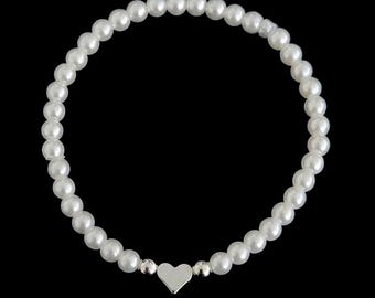 Dainty Minimalist White Glass Pearl & Silver Plated Bead Bracelet with Silver Heart Charm - 5 Sizes - Stretch / Stack