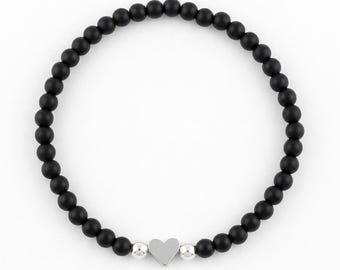 Dainty Minimalist Black Glass Pearl & Silver Plated Bead Bracelet with Silver Heart Charm - 5 Sizes - Stretch / Stack