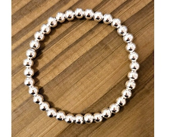 Silver Plated Bead Bracelet - Elastic Stretch Stacker – 6mm Beads - 5 Sizes