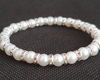 White Pretty Glass Pearl & Diamante Rondelle Bead Bracelet - 6mm Beads - Optional Gift Pouch - Wedding / Prom / Bridesmaid / Birthday