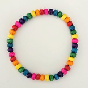 Mens / Womens Wooden Bead Elastic Stack Bracelet - Rainbow Mix - 5 Sizes - 6mm Beads - Red / Orange / Yellow / Green / Blue / Purple / Pink