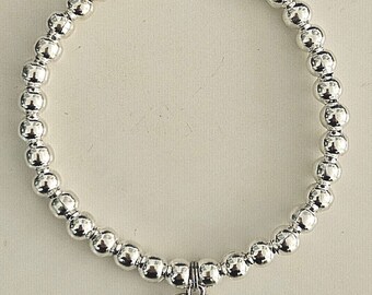 Silver Plated Heart Charm Bracelet – Stretch Stacker, 6mm Beads, 5 Sizes, Handmade