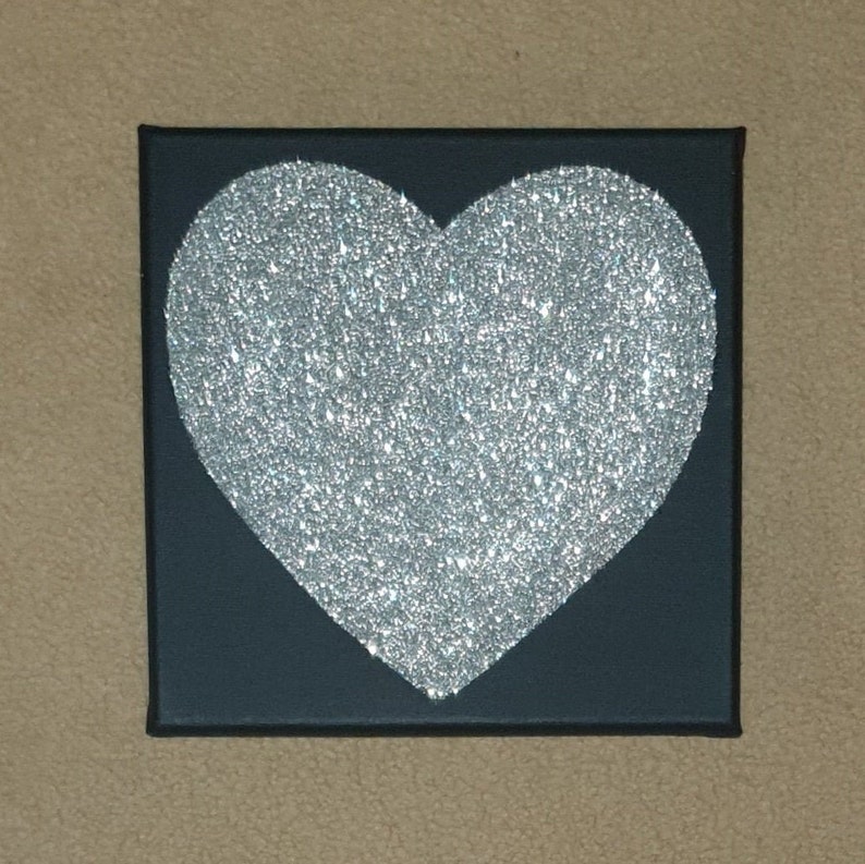 Black & Silver Glitter Sparkly Love Heart Canvas Wall Art