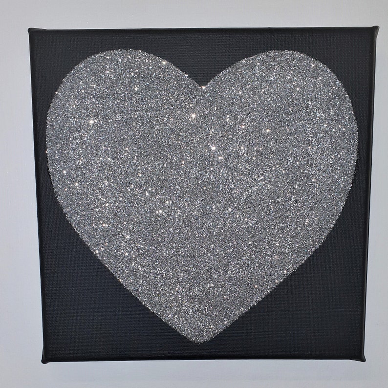 Black & Silver Glitter Sparkly Love Heart Canvas Wall Art | Etsy