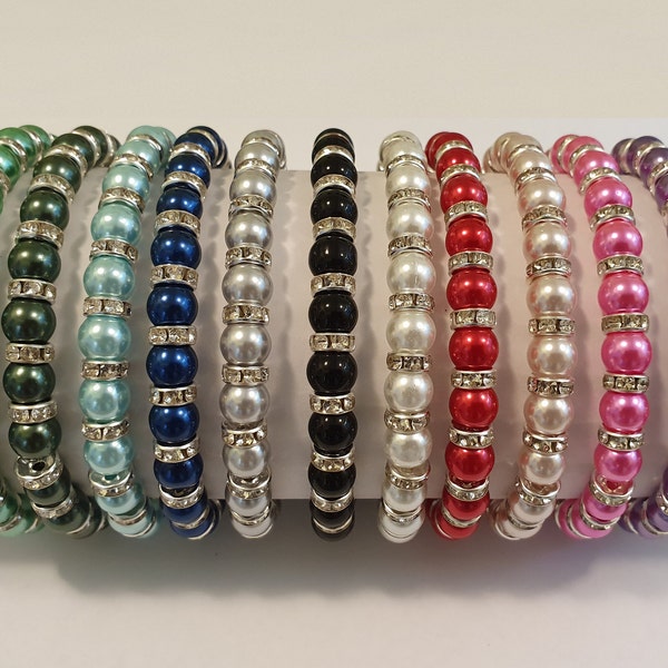 Elastic Glass Pearl & Diamante Rondelle Bead Bracelet - 11 Colours / 3 Size Options