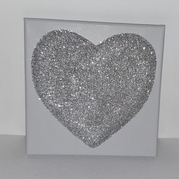 Grey & Silver Glitter Sparkly Love Heart Canvas Wall Art Picture 