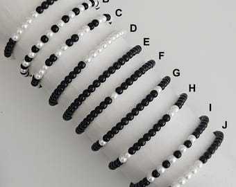 Dainty Black & White Glass Pearl Bead Bracelet - Elastic Stretch Stacker – 4mm Beads - 5 Sizes / 10 Variations