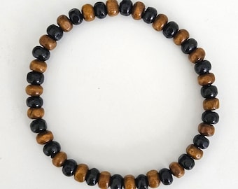 Mens / Womens Wooden Bead Elastic Stack Bracelet - Black & Brown - 5 Sizes - 6mm Beads - NEW