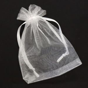 May include: A sheer white organza gift bag with a drawstring closure. The bag is made of a delicate, semi-transparent fabric and is tied at the top with a matching white ribbon. The bag is empty and ready to be filled with small gifts or favors.