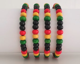 Mens /Womens Wooden Bead Elastic Stacker Bracelet - Jamaican Rasta - 4 Sizes - Black / Red / Yellow / Green