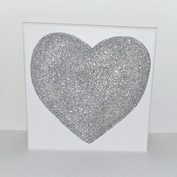 White & Silver Glitter Sparkly Love Heart Canvas Wall Art Picture 