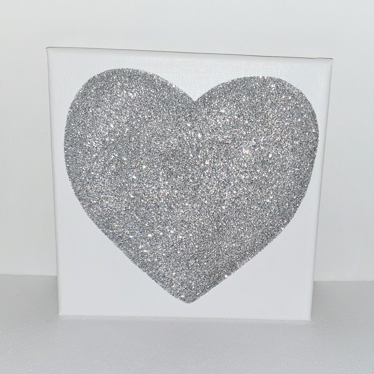 Grey & Silver Glitter Sparkly Love Heart Canvas Wall Art Picture 
