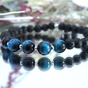 Blue Tiger Eye and Lava Stone Bracelet – Handmade Natural Stone Jewelry