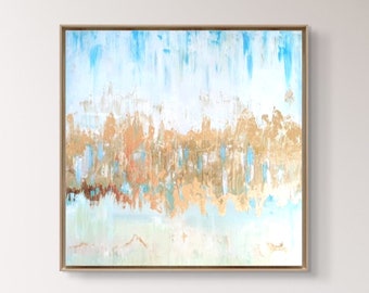 Blue and Gold Abstract Painting "Golden Beach"Large acrylic and oil painting, Modern Abstract Painting, Golden Leaf Painting