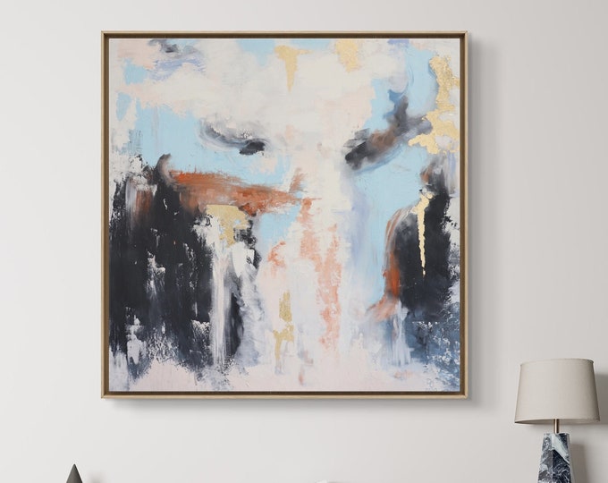 Original Gold and Blue Wall Art Decor Oil and Acrylic Modern Painting.Blue and Black Abstract Wall Art
